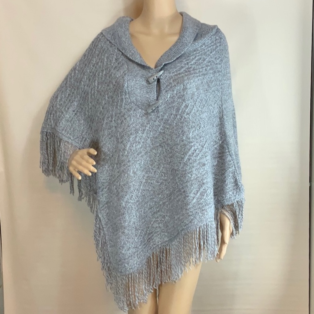 Poncho Shawl Collar Fringe Button Neck